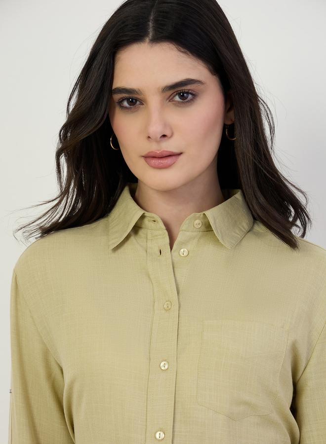 ستايلي بلوزة كتان بأزرار غلق وأكمام طويلة رول أب - Image 4